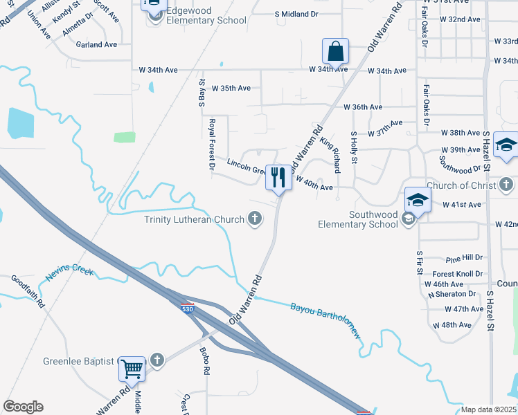 map of restaurants, bars, coffee shops, grocery stores, and more near 4014 Old Warren Road in Pine Bluff