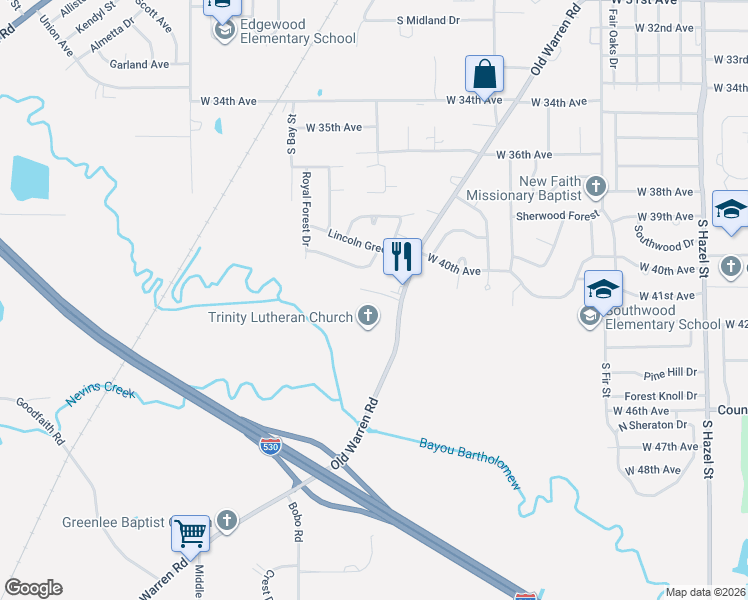 map of restaurants, bars, coffee shops, grocery stores, and more near 4014 Old Warren Road in Pine Bluff