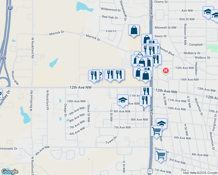 map of restaurants, bars, coffee shops, grocery stores, and more near 1601 12th Avenue Northwest in Ardmore