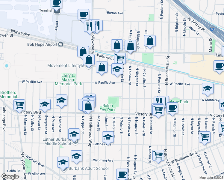 map of restaurants, bars, coffee shops, grocery stores, and more near 3300 West Pacific Avenue in Burbank