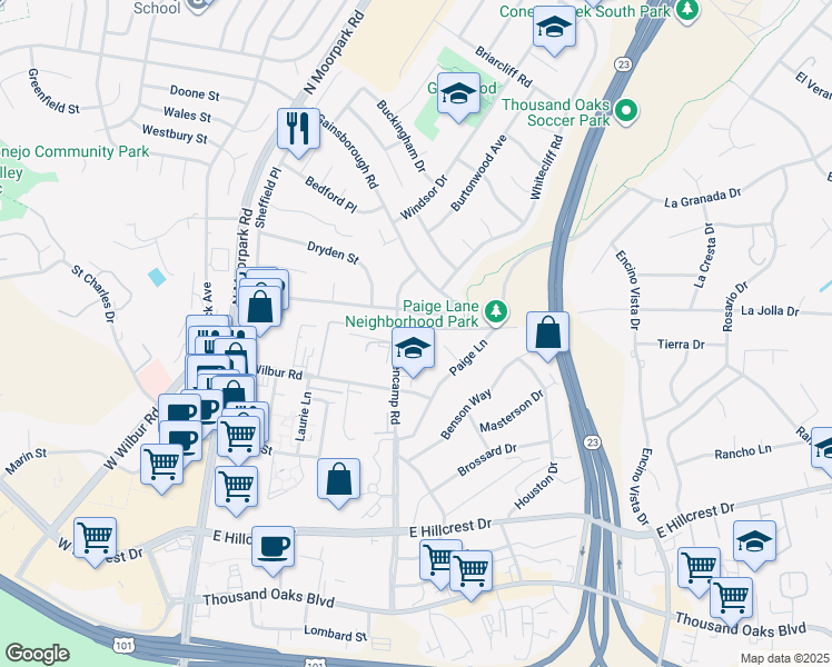map of restaurants, bars, coffee shops, grocery stores, and more near 773 Beall Street in Thousand Oaks