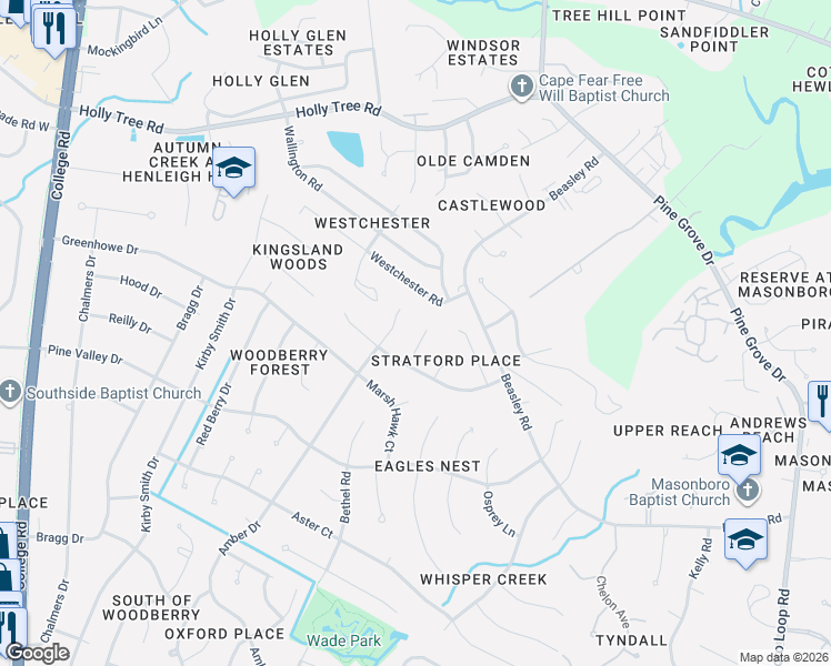 map of restaurants, bars, coffee shops, grocery stores, and more near 3100 Tottenham Court in Wilmington