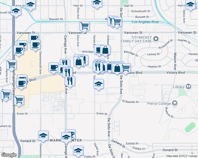 map of restaurants, bars, coffee shops, grocery stores, and more near 21024 Victory Boulevard in Los Angeles