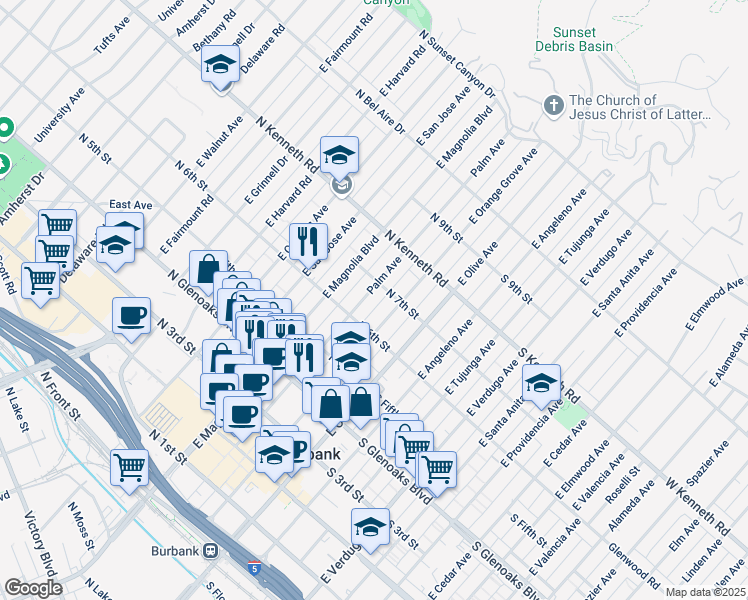 map of restaurants, bars, coffee shops, grocery stores, and more near 311 North 7th Street in Burbank
