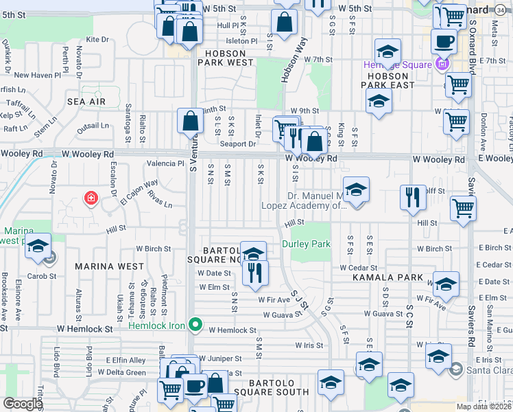 map of restaurants, bars, coffee shops, grocery stores, and more near 1214 South L Street in Oxnard