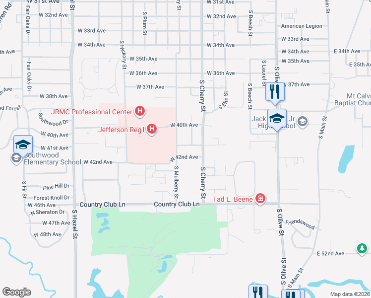 map of restaurants, bars, coffee shops, grocery stores, and more near 4040 South Linden Street in Pine Bluff