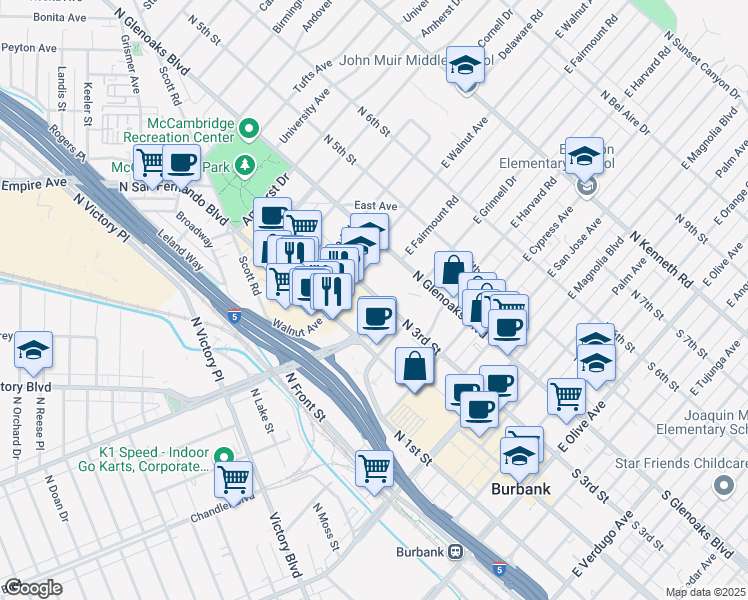 map of restaurants, bars, coffee shops, grocery stores, and more near 905 North 3rd Street in Burbank