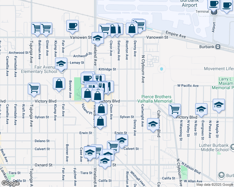 map of restaurants, bars, coffee shops, grocery stores, and more near 6425 Satsuma Avenue in Los Angeles
