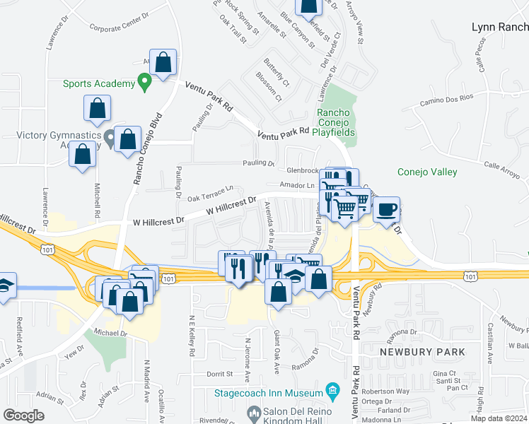 map of restaurants, bars, coffee shops, grocery stores, and more near 646 Avenida de la Plata in Thousand Oaks