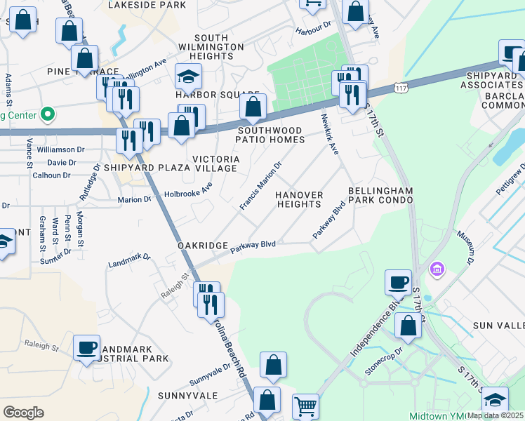 map of restaurants, bars, coffee shops, grocery stores, and more near 809 Midland Drive in Wilmington