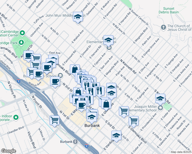 map of restaurants, bars, coffee shops, grocery stores, and more near 528 East San Jose Avenue in Burbank