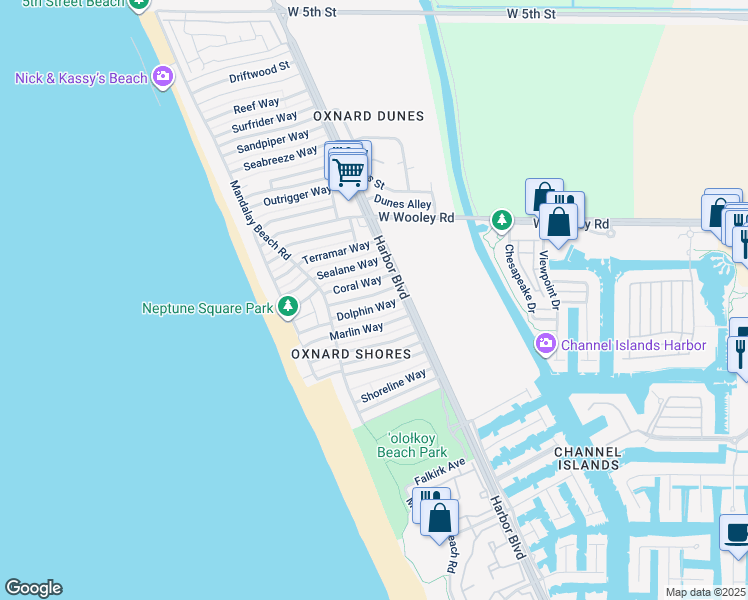 map of restaurants, bars, coffee shops, grocery stores, and more near 4950 Nautilus Street in Oxnard