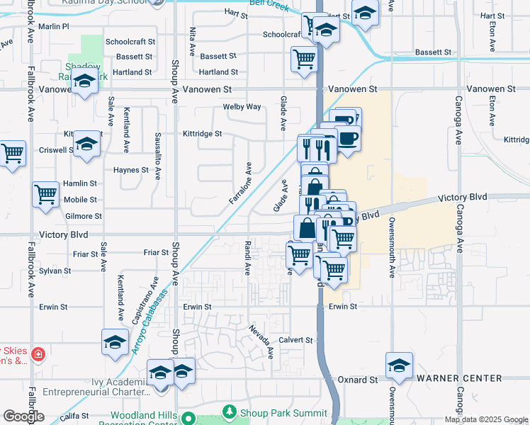 map of restaurants, bars, coffee shops, grocery stores, and more near 6468 Randi Avenue in Los Angeles