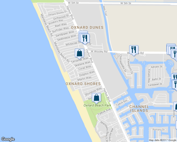 map of restaurants, bars, coffee shops, grocery stores, and more near 4950 Nautilus Street in Oxnard