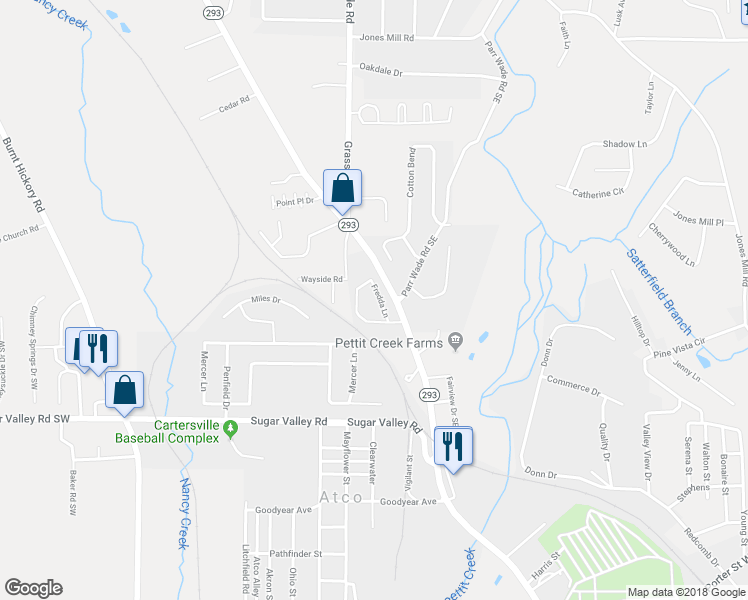 map of restaurants, bars, coffee shops, grocery stores, and more near 14 Fredda Lane in Cartersville