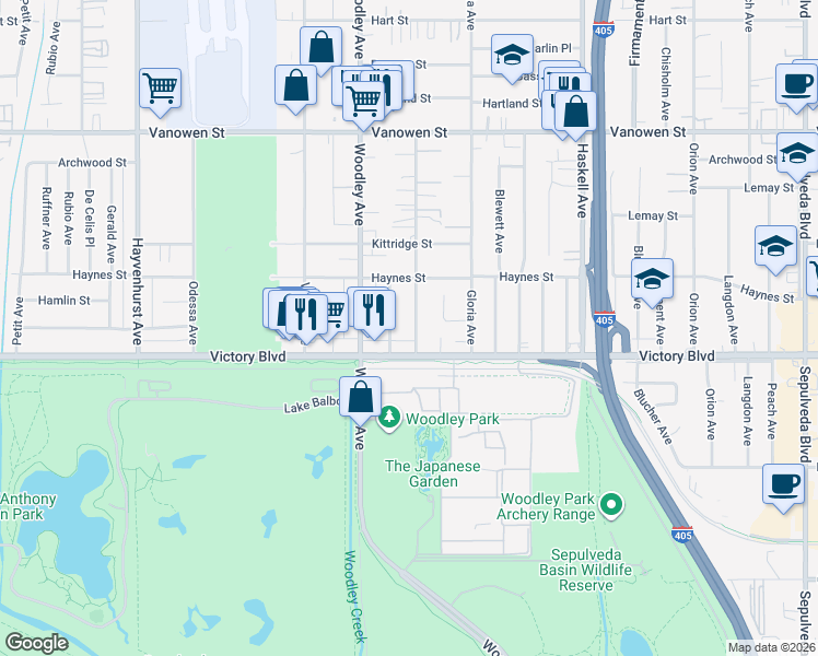 map of restaurants, bars, coffee shops, grocery stores, and more near 6427 Gaviota Avenue in Los Angeles