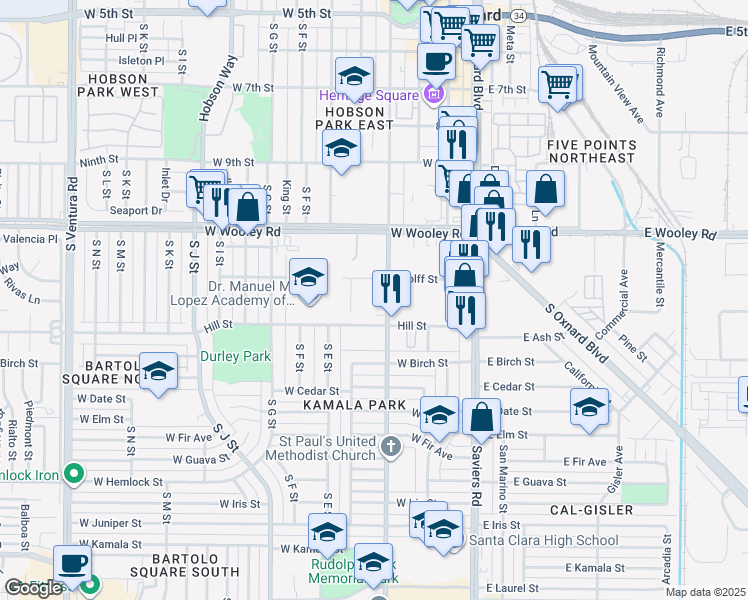 map of restaurants, bars, coffee shops, grocery stores, and more near in Oxnard