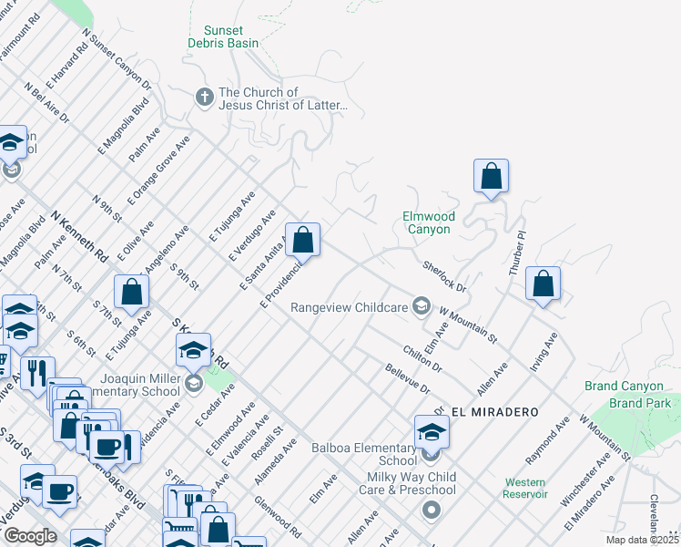 map of restaurants, bars, coffee shops, grocery stores, and more near 1075 East Elmwood Avenue in Burbank