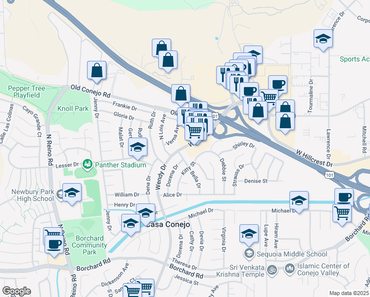 map of restaurants, bars, coffee shops, grocery stores, and more near 683 Wendy Drive in Ventura County