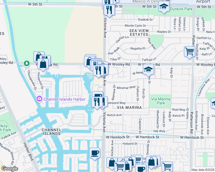 map of restaurants, bars, coffee shops, grocery stores, and more near 1267 South Victoria Avenue in Oxnard