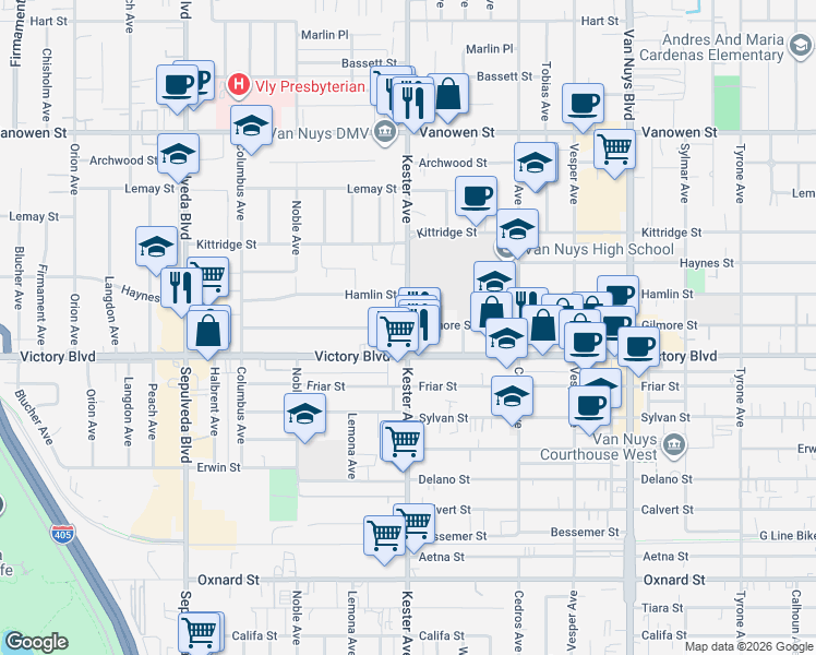 map of restaurants, bars, coffee shops, grocery stores, and more near Gilmore Street in Los Angeles