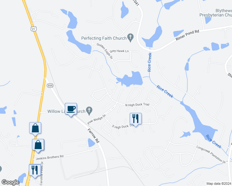 map of restaurants, bars, coffee shops, grocery stores, and more near 106 Bent Oak Trail in Blythewood
