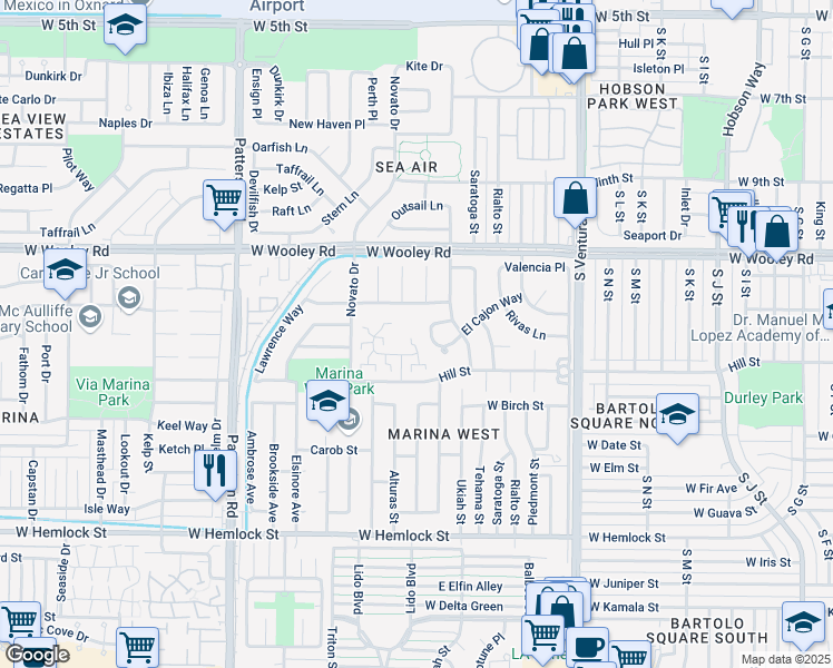 map of restaurants, bars, coffee shops, grocery stores, and more near 2037 Miramar Walk in Oxnard