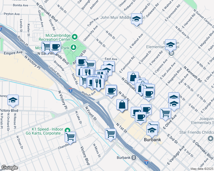 map of restaurants, bars, coffee shops, grocery stores, and more near 905 North 3rd Street in Burbank