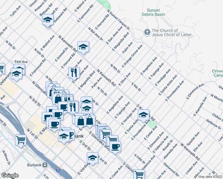map of restaurants, bars, coffee shops, grocery stores, and more near 101 North Kenneth Road in Burbank