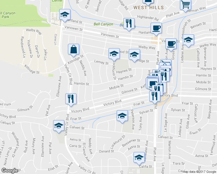 map of restaurants, bars, coffee shops, grocery stores, and more near 24033 Mobile Street in Los Angeles
