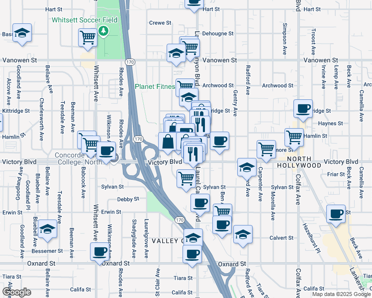 map of restaurants, bars, coffee shops, grocery stores, and more near 12121 Victory Boulevard in Los Angeles