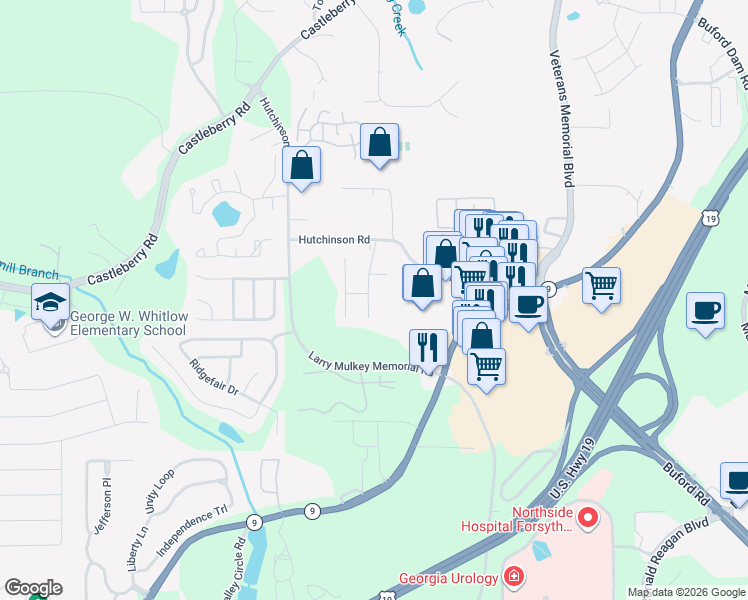 map of restaurants, bars, coffee shops, grocery stores, and more near 3705 Hutchinson Trace Drive in Cumming
