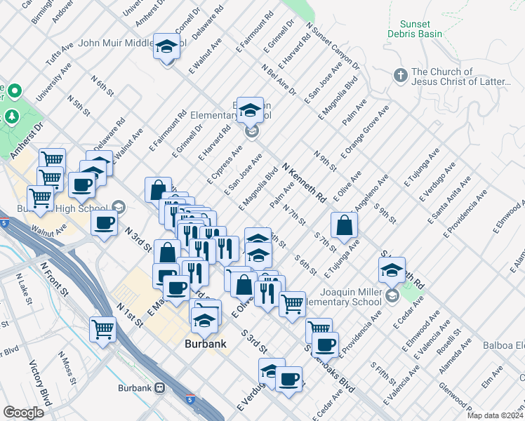 map of restaurants, bars, coffee shops, grocery stores, and more near 609 Palm Avenue in Burbank