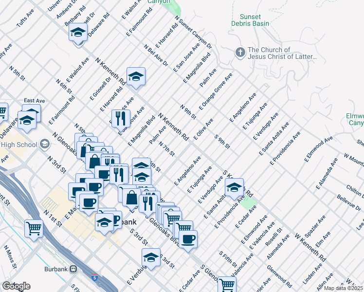 map of restaurants, bars, coffee shops, grocery stores, and more near 759 East Olive Avenue in Burbank