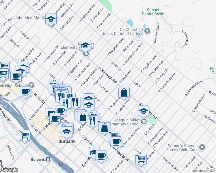 map of restaurants, bars, coffee shops, grocery stores, and more near 711 East Orange Grove Avenue in Burbank