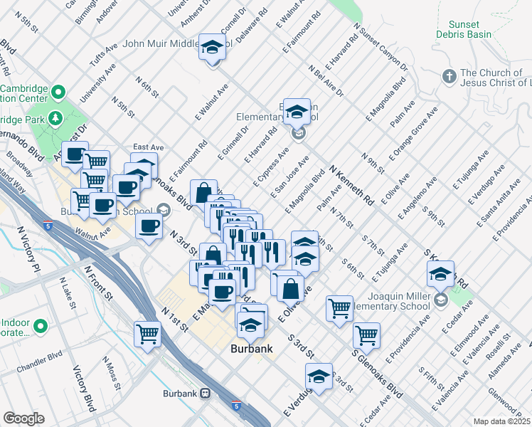 map of restaurants, bars, coffee shops, grocery stores, and more near 554 East San Jose Avenue in Burbank