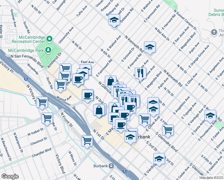 map of restaurants, bars, coffee shops, grocery stores, and more near 426 East Harvard Road in Burbank
