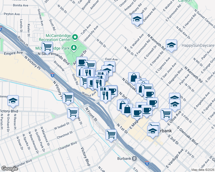 map of restaurants, bars, coffee shops, grocery stores, and more near 905 North 3rd Street in Burbank