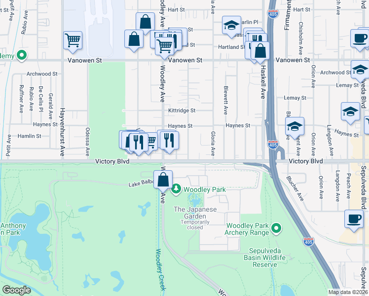 map of restaurants, bars, coffee shops, grocery stores, and more near 6445 Gaviota Avenue in Los Angeles