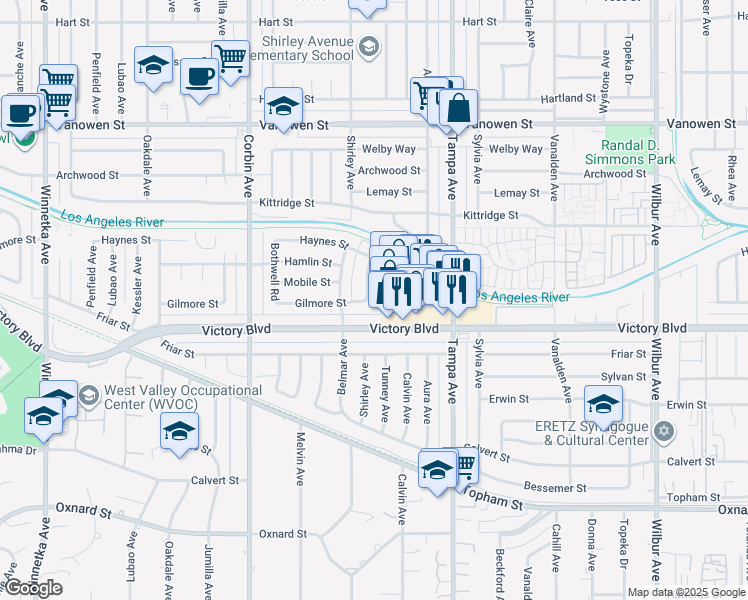 map of restaurants, bars, coffee shops, grocery stores, and more near 6452 Shirley Avenue in Los Angeles