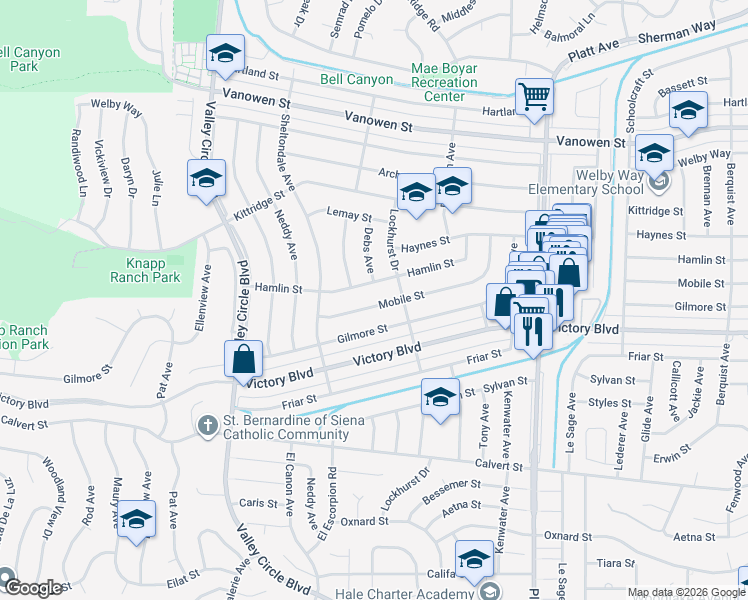 map of restaurants, bars, coffee shops, grocery stores, and more near 24032 Hamlin Street in Los Angeles