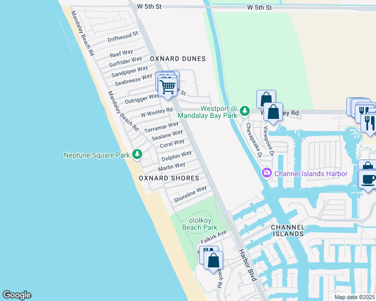 map of restaurants, bars, coffee shops, grocery stores, and more near 4921 Nautilus Street in Oxnard