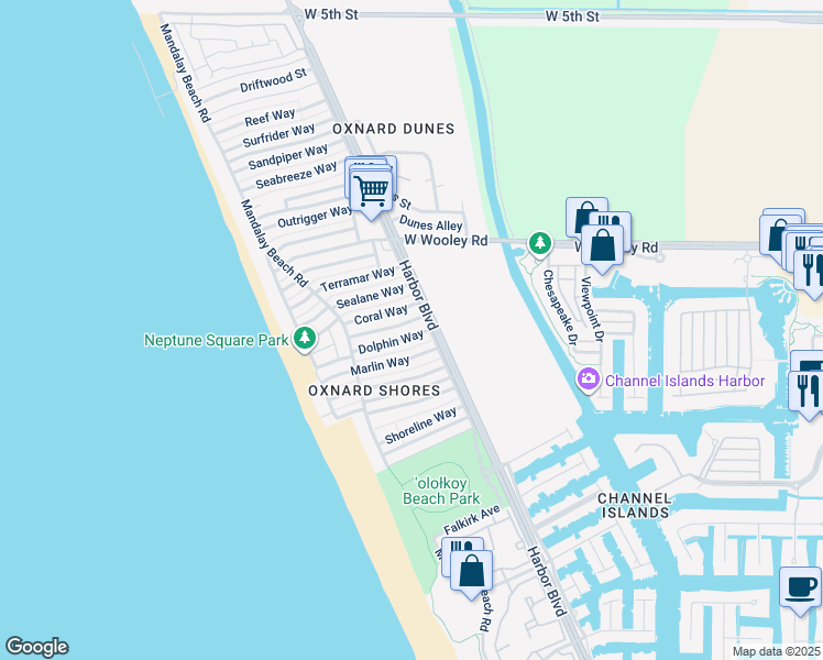map of restaurants, bars, coffee shops, grocery stores, and more near 4921 Nautilus Street in Oxnard