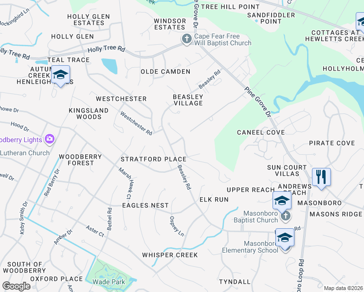 map of restaurants, bars, coffee shops, grocery stores, and more near 108 MacKenzie Drive in Wilmington
