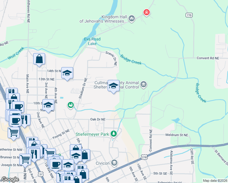 map of restaurants, bars, coffee shops, grocery stores, and more near 801-999 Hoehn Drive Northeast in Cullman