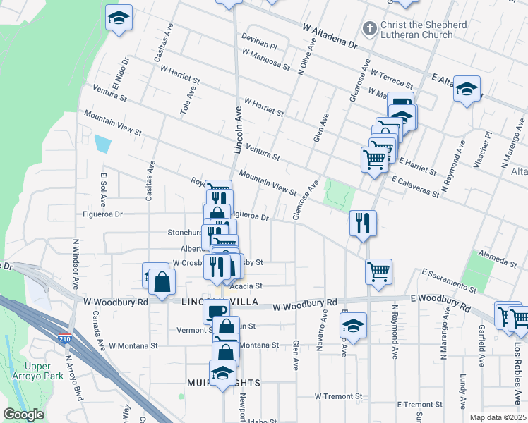 map of restaurants, bars, coffee shops, grocery stores, and more near 345 Figueroa Drive in Altadena