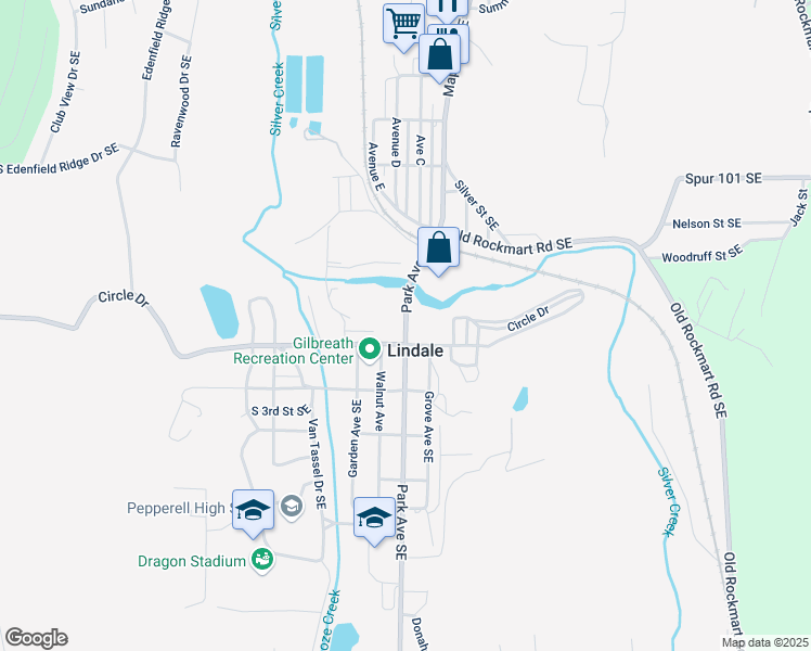 map of restaurants, bars, coffee shops, grocery stores, and more near 79 Park Avenue Southeast in Lindale