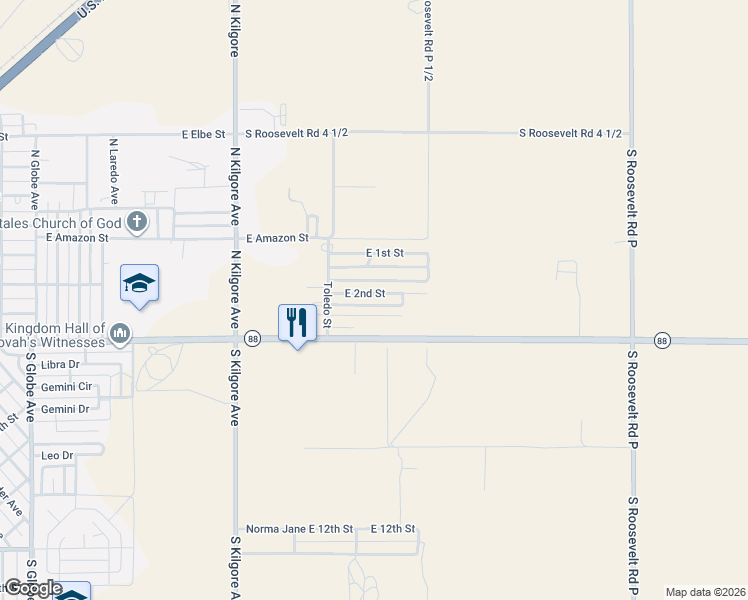 map of restaurants, bars, coffee shops, grocery stores, and more near 2109 East 2nd Street in Portales