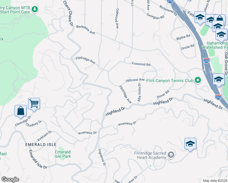 map of restaurants, bars, coffee shops, grocery stores, and more near 3900 Chevy Chase Drive in La Cañada Flintridge