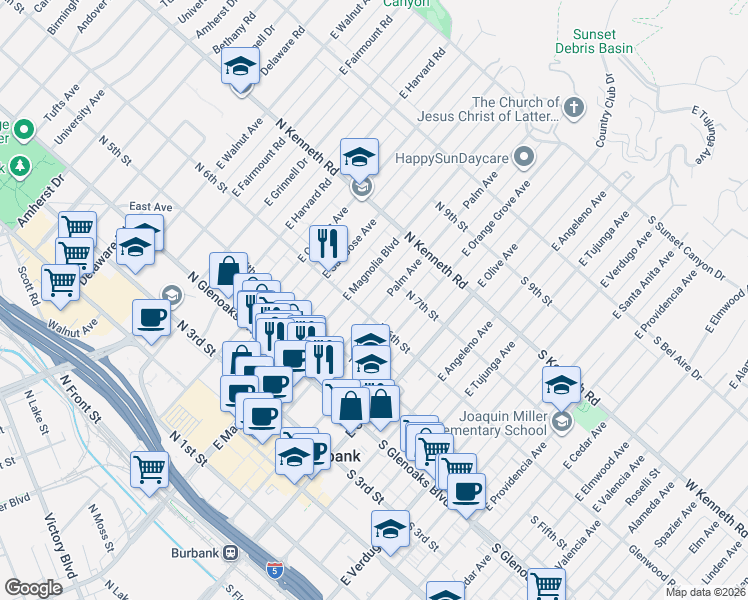map of restaurants, bars, coffee shops, grocery stores, and more near 311 North 7th Street in Burbank